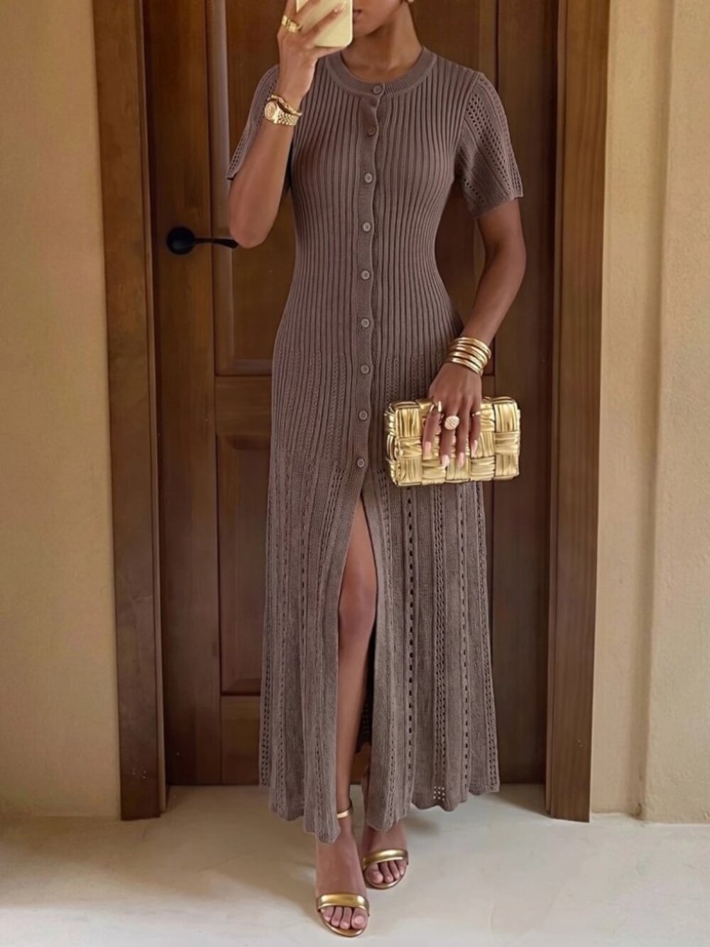 Taupe Gray Ribbed Knit Button Front Maxi Sweater Dress
